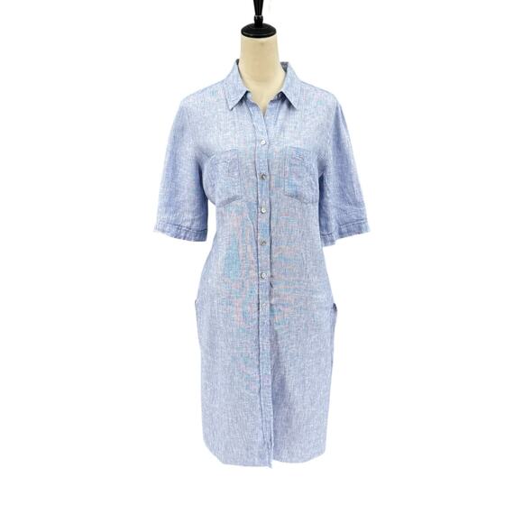 Chico’s Sz 1 Heather Blue Linen Long Line Button Front Side Slit Tunic Shirt - Picture 2 of 16